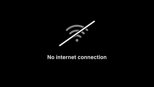 Minimalist flat design animation of white WiFi icon with diagonal slash and No Internet Connection text.