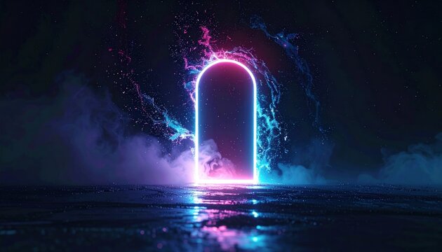 Neon-lit archway portal opening into a cosmos of swirling colors