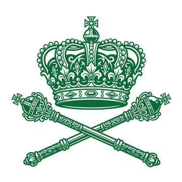 Ornate royal crown placed above two crossed ceremonial scepters in a vintage heraldic style with monarchy