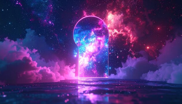 Portal to the cosmos framed within a keyhole, vibrant nebula clouds