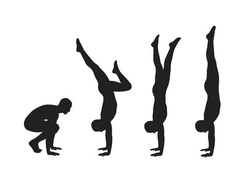 Gymnast performing a sequence of acrobatic moves including a handstand and a cartwheel silhouette Silhouette