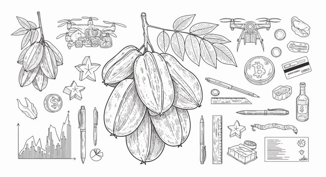 Collection of delicate black and white line drawings featuring carambola starfruit clusters, drones, financial icons like bitcoin and charts, office supplies, pens, and rulers.