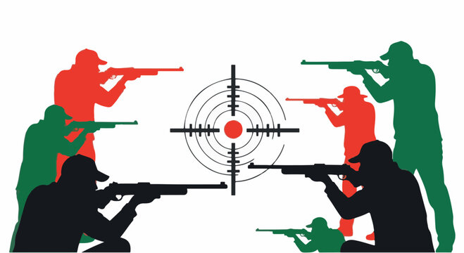Vector illustration of red, green, and black silhouettes of people aiming rifles and shotguns at a central bullseye target on a white background, focusing on professional shooting sports.