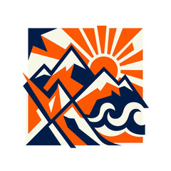 Obraz premium Geometric illustration of mountains, sun and ocean waves