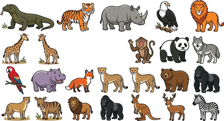 Obraz premium Cute Wild Animal Vector Character Collection with Safari, Jungle, and Forest Wildlife Elements for Kids Education, Nursery Posters, and Children Book Illustrations