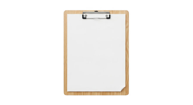 Wooden clipboard with a blank white sheet of paper isolated on transparent background