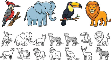 Fototapeta premium Cute Jungle and Safari Animal Vector Character Set with Matching Line Art Outline Drawings for Kids Coloring Books, Education, and Nursery Designs