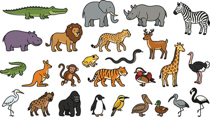 Obraz premium Cute Safari and African Jungle Animals Vector Character Set featuring Lion, Elephant, Tiger, Giraffe, Zebra, Hippo, Birds, and Wildlife for Kids Educational Designs