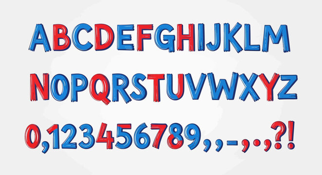 Red and Blue Alphabet Letters and Numbers, Fun Font Design