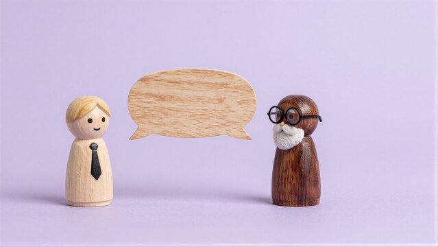 Two wooden figures converse, one young, one old with glasses and beard.