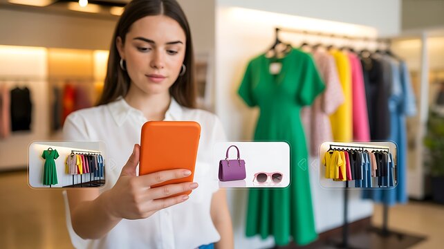 Woman using smartphone for online shopping in clothing store