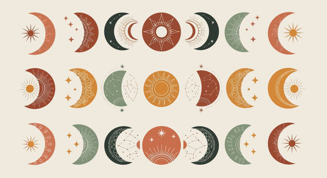 Boho Moon Phases & Sun Celestial Elements Pattern
