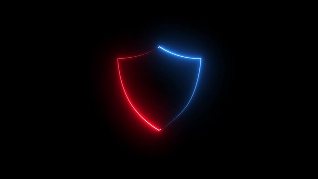 symbolizing security and protection icon animation with neon line. A glowing blue and red  neon shield icon  animation on black background