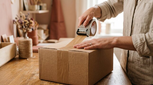 Persons hands sealing a cardboard box with packing tape for shipment