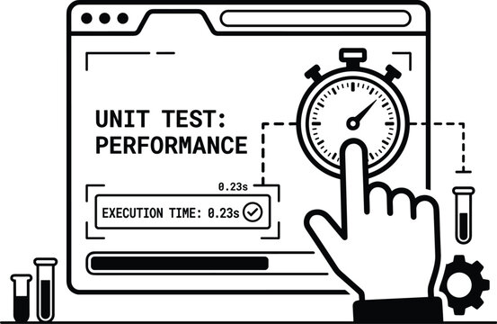 Performance testing icon, unit test execution time concept, software development speed measurement, web application benchmarking