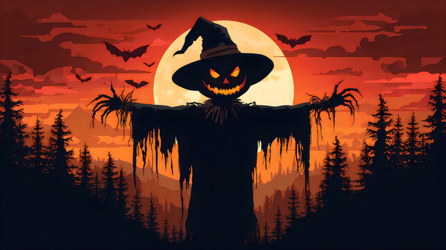 Creepy scarecrow standing in haunted forest with glowing pumpkin head at sunset