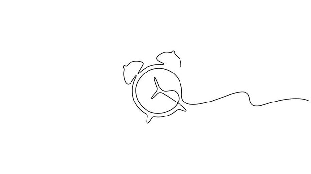 Alarm clock animation in continuous line drawing style for time management concepts. Minimalist one line art animation of a ringing alarm clock isolated on a white background.