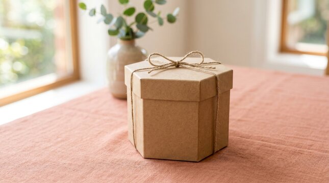 Hexagonal cardboard gift box tied with rustic twine on a linen table