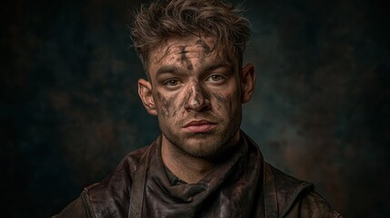 Fototapeta premium Europe medieval lifestyle. A closeup portrait of a man with a rugged appearance. His face is covered in dirt and grime, and his eyes are a piercing blue. His hair is tousled.