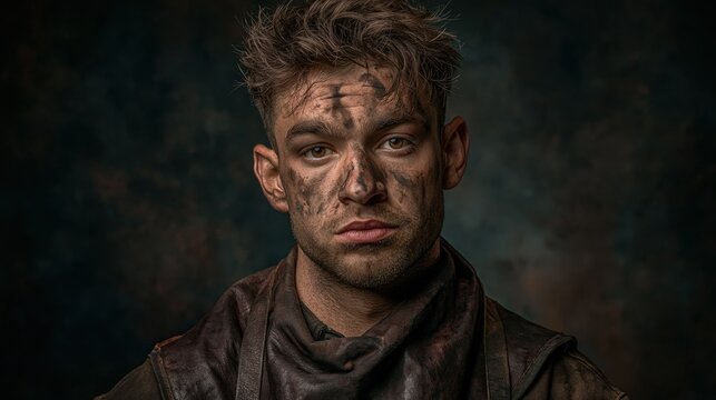 Europe medieval lifestyle. A closeup portrait of a man with a rugged appearance. His face is covered in dirt and grime, and his eyes are a piercing blue. His hair is tousled.