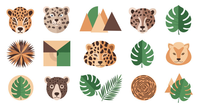Abstract Jungle Animals and Tropical Leaves Flat Icons