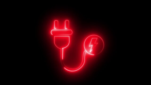 Glowing read neon electric plug and lightning bolt power charge icon isolated on black background, perfect for energy and technology concept.