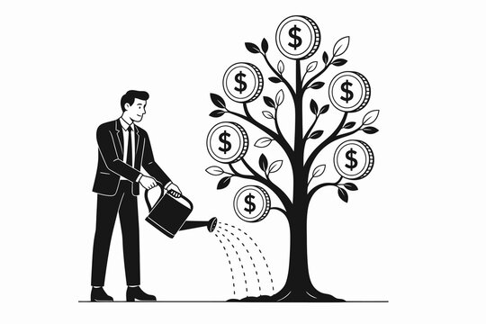 Businessman watering money tree with dollar coins symbolizing financial investment and profit growth illustration.