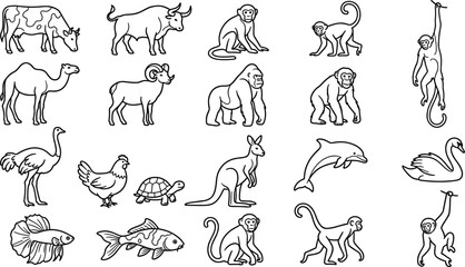 Wild and Domestic Animal Minimalist Line Art Icon Set Featuring Monkey Gorilla Kangaroo Camel Dolphin Fish and Farm Creatures for Education Book Graphic Designs © rumi
