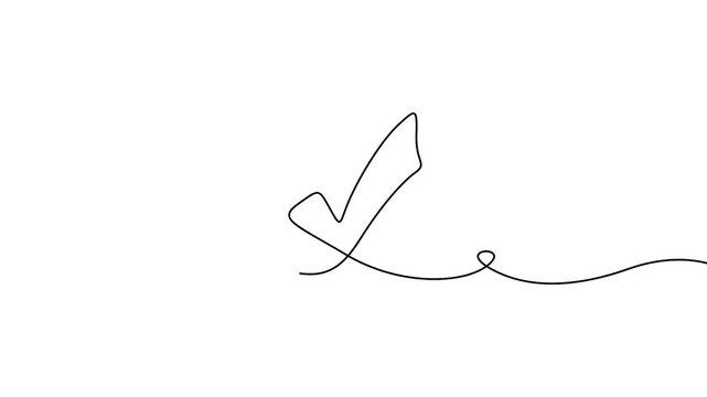 Check mark animation in continuous line drawing style for approval and success concepts. Minimalist one line art animation of a valid check mark icon on a white background.