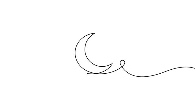 Crescent moon continuous line drawing animation for night, bedtime, and astronomy concepts. Minimalist continuous line art animation of a crescent moon on a white background.