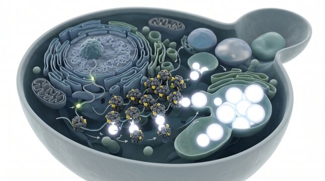 3D Microscopic Diagram of Precision Fermentation Producing Synthetic Casein Micelles