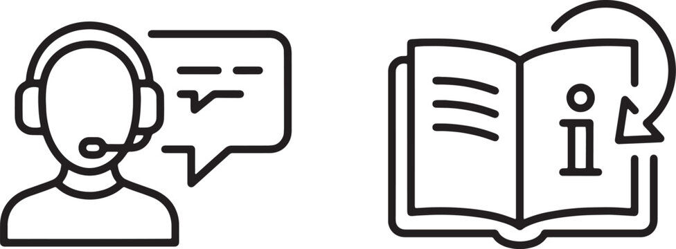 Call center specialist with speech bubble and open instruction manual book line icons set for user guides and client onboarding tutorials