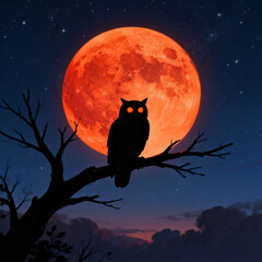 Fototapeta premium Silhouette Owl on Bare Branch Against Giant Blood Red Full Moon Starry Night Sky