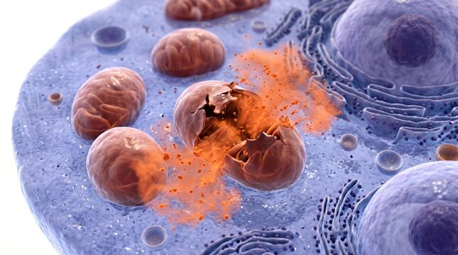 3D Microscopic Diagram of Mitochondrial Dysfunction and ROS Release in Heatstroke Liver Cell