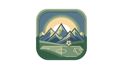 Mountain landscape soccer field icon with sun. © Remb