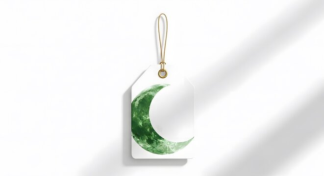 White rectangular hang tag with detailed green moon texture surface hanging on string casting shadow on white background for nature inspired design.