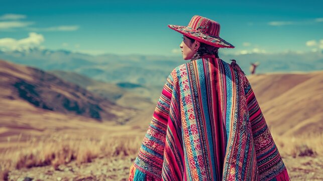 Outdoor adventure explore. A vivid portrayal of a person standing in a vast, open landscape. The person wears a colorful, patterned poncho and a widebrimmed hat.