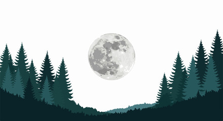 A serene nighttime landscape with a large moon and coniferous trees on the horizon © val