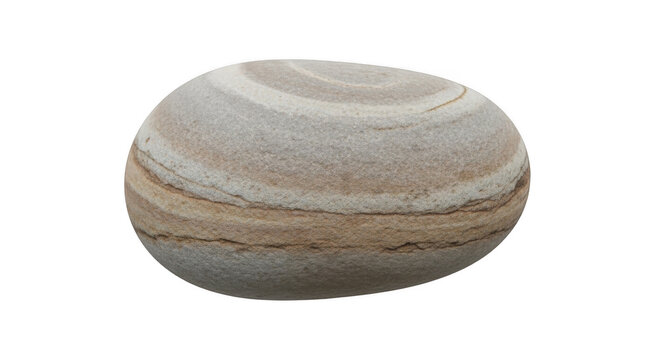 A single smooth, oval-shaped river stone with horizontal beige, tan, and white sedimentary rock layers isolated on a black background