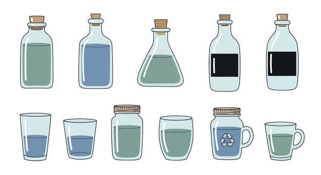 Collection of Glass Bottles Jars and Cups Filled with Liquid.