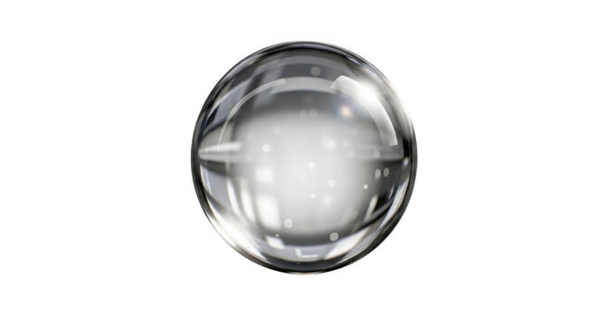 A single transparent glass sphere with internal light reflections and white glowing particles isolated against a solid black background