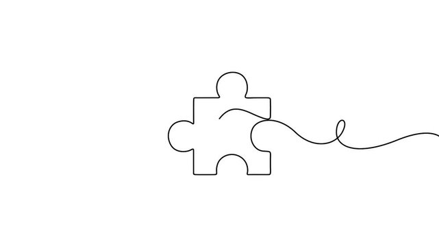 Puzzle piece continuous line drawing animation for problem solving and business solution concepts. Minimalist single line drawing animation of a jigsaw puzzle piece icon on a white background.