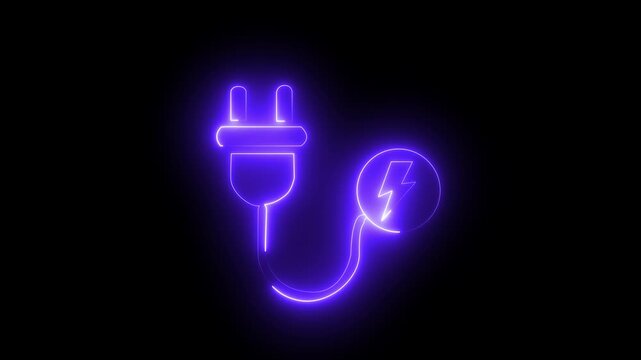 Glowing neon electric plug icon with lightning bolt symbol on black background loop