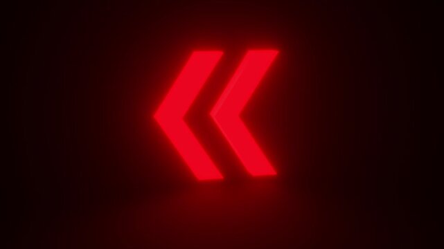 Red Rewinding Sign Glowing and Rotating on Black Background