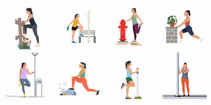 Collection of illustrations showing women in athletic wear performing various stretching and warm-up exercises in different outdoor and urban settings.