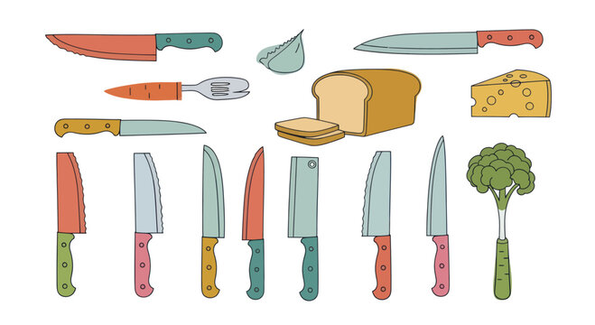Collection of Kitchen Knives Bread Cheese and Broccoli.