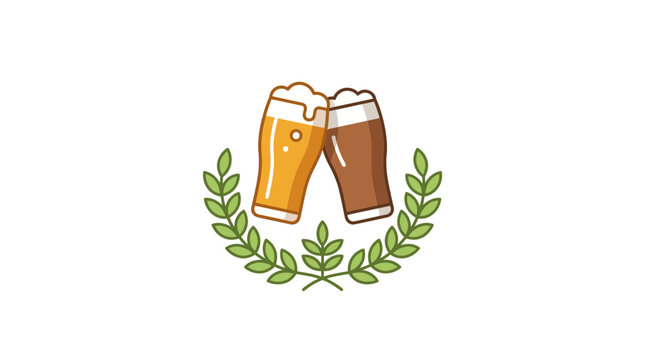 Two Beer Glasses Clinking in Laurel Wreath