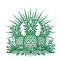 Fototapeta premium Illustration of three pineapples in green ink style with sunburst background and grass pineapple tropical
