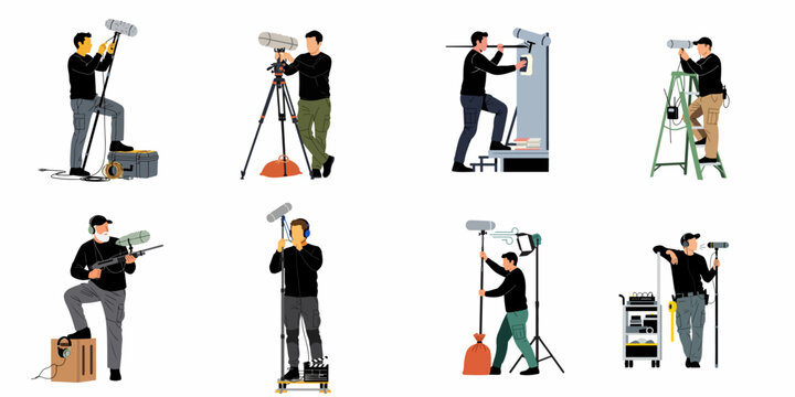 A collection of illustrations depicting sound engineers and boom operators managing audio recording equipment during film and video production on a white background.