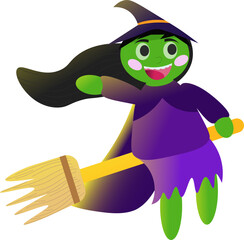 Naklejka premium Green Witch Riding Broomstick Isolated Vector